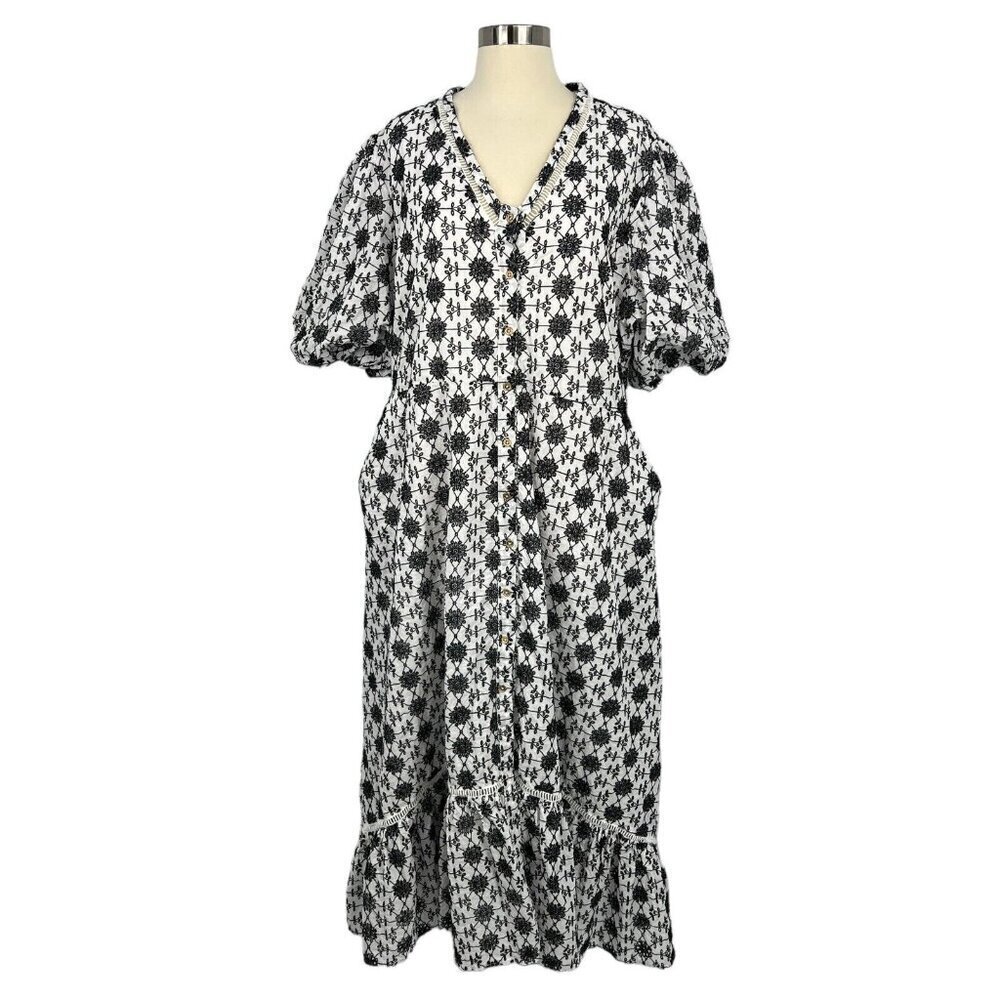 Karen Millen Plus Size 20 Contrast Cotton Broderie Belted Midi Dress Black White